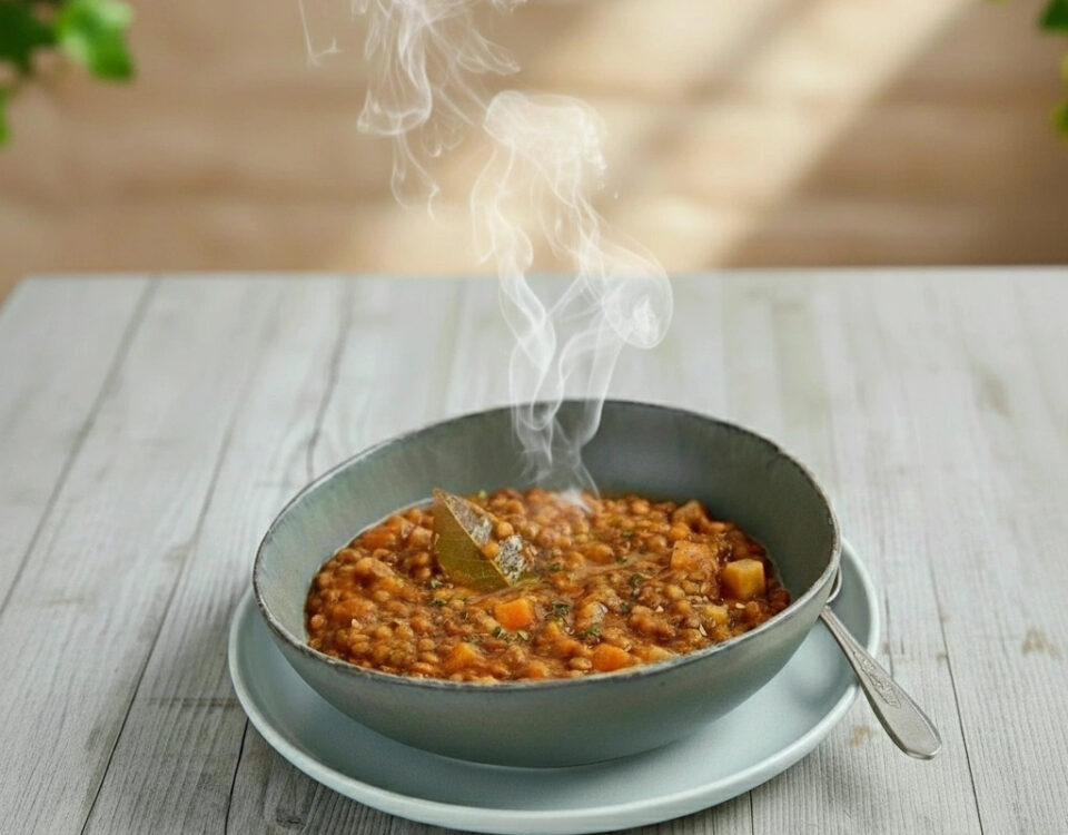 Dampfender Teller mit gesundem Bio-Fertiggericht von Mothers Finest