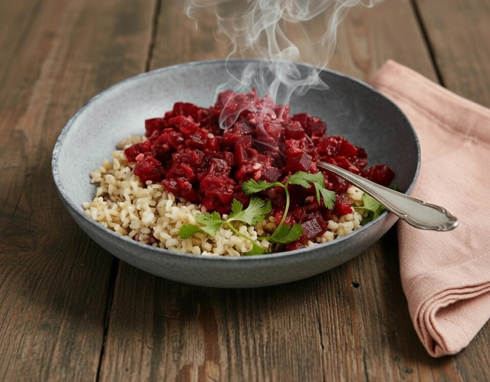 Dampfender Teller mit gesundem Wochenbett-Gericht Purple Rain