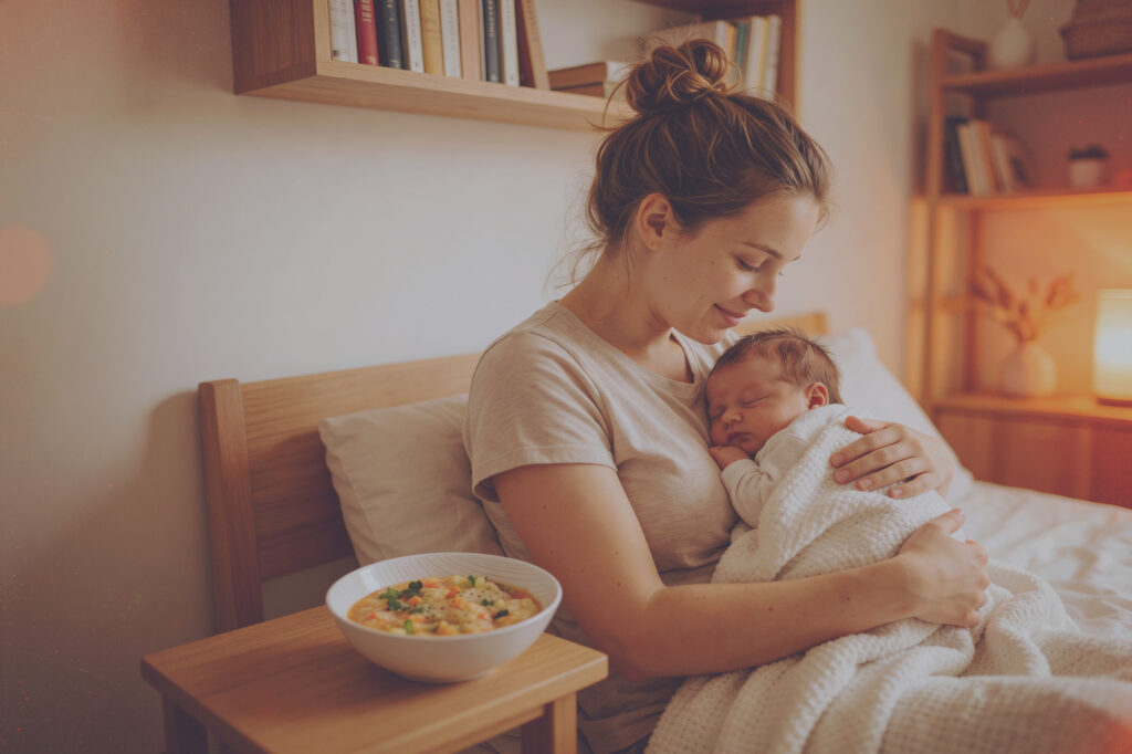 Gesundes frisch gekochtes Bio-Essen für werdende und frischgebackene Mamas im Wochenbett mit Baby im Arm