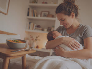 Mothers Finest Bio-Wochenbettessen für Mamas Mutter mit Baby auf dem Arm und Mothers Finest Wochenbett Essen auf dem Tisch